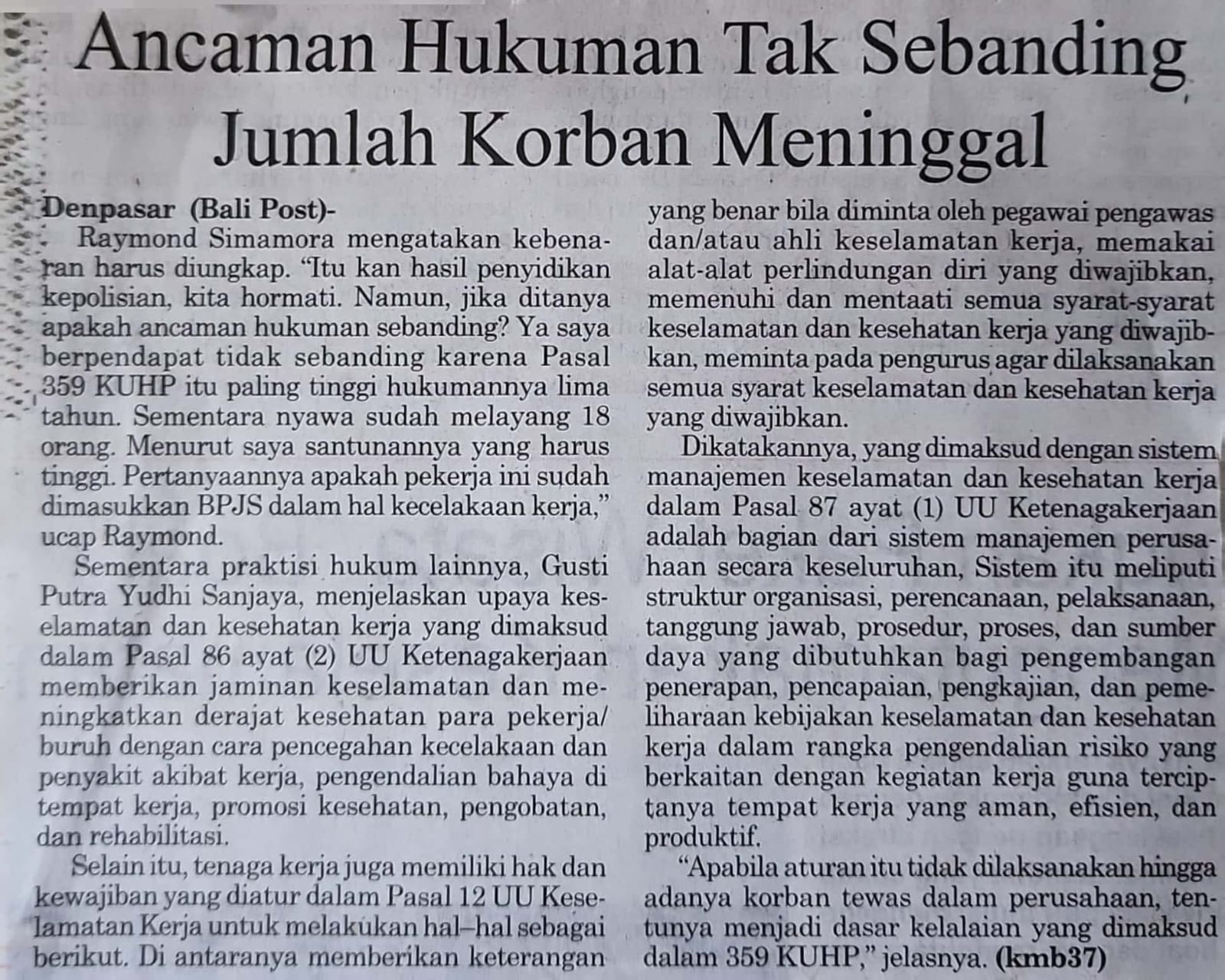 Dokumentasi potongan berita surat kabar Bali Post yang memuat opini hukum Raymond Simamora, S.H., M.H. terkait implementasi Pasal 359 KUHP dan UU Ketenagakerjaan.